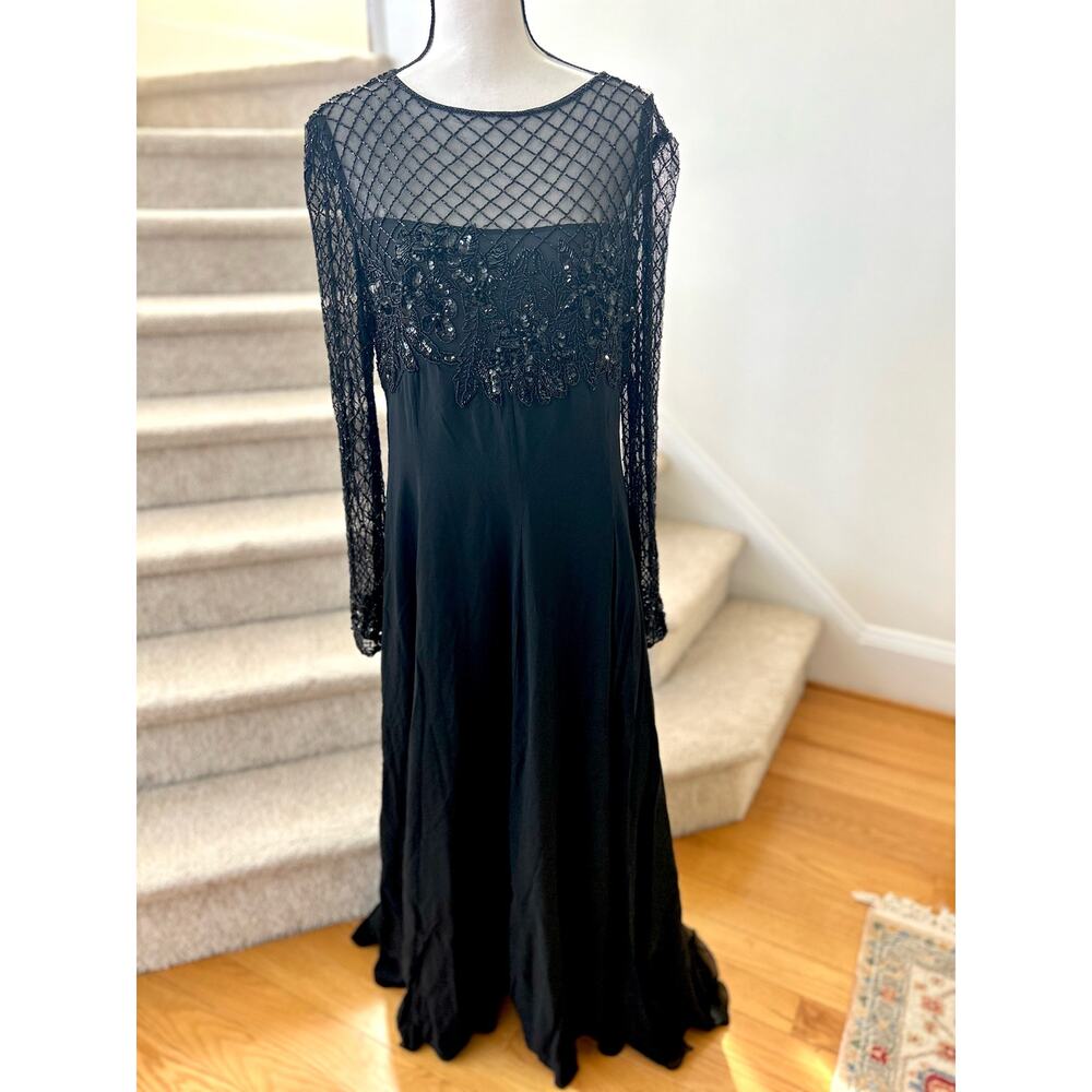 Vintage Jovani Black Silk Beaded Floral Illusion Full Length Maxi Gown